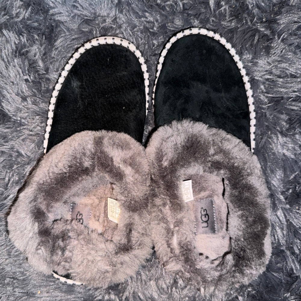 UGG Womens Ansley Suede Sheepskin Slippers 10 Black Grey Whipstitch 1007727